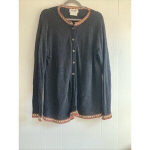 FLAX Cardigan Sweater Confetti Charcoal Black Retro Trim Lagenlook Slouchy M/L